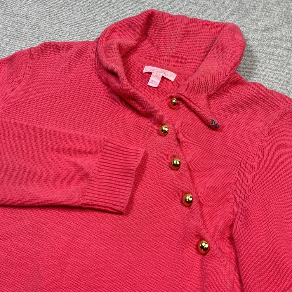 Lilly Pulitzer Sweater Pullover Womens M Pink 100% Cotton Cowl Neck Gold Buttons